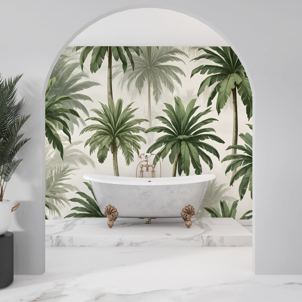 Tropical cream wallpaper creating depth in dining room space