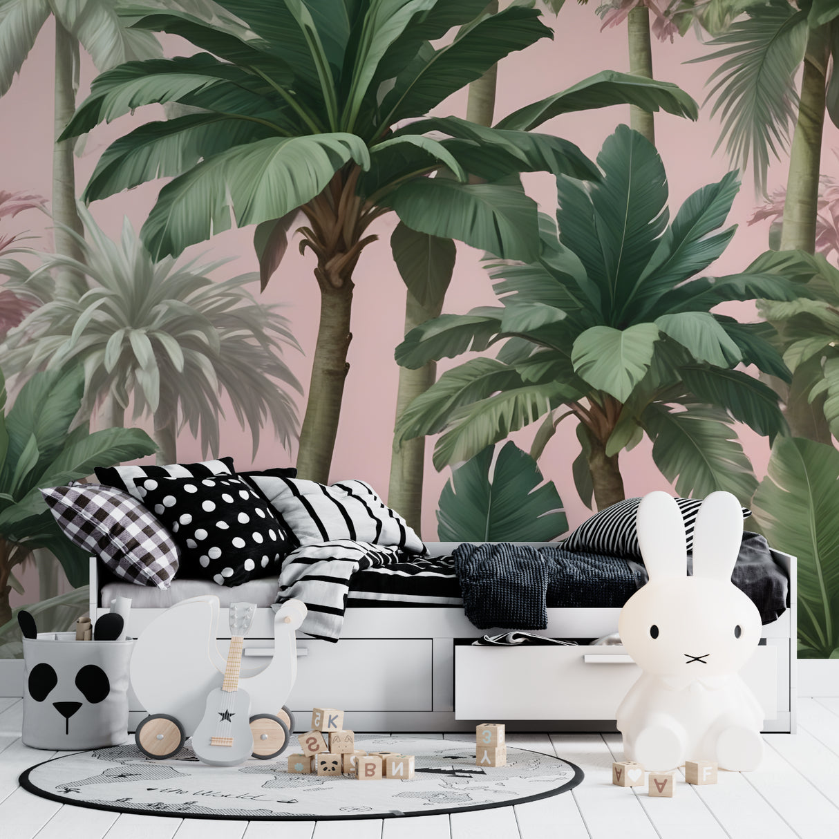 Tropical palm wallpaper creating a stunning backdrop in a modern living room with pink accents