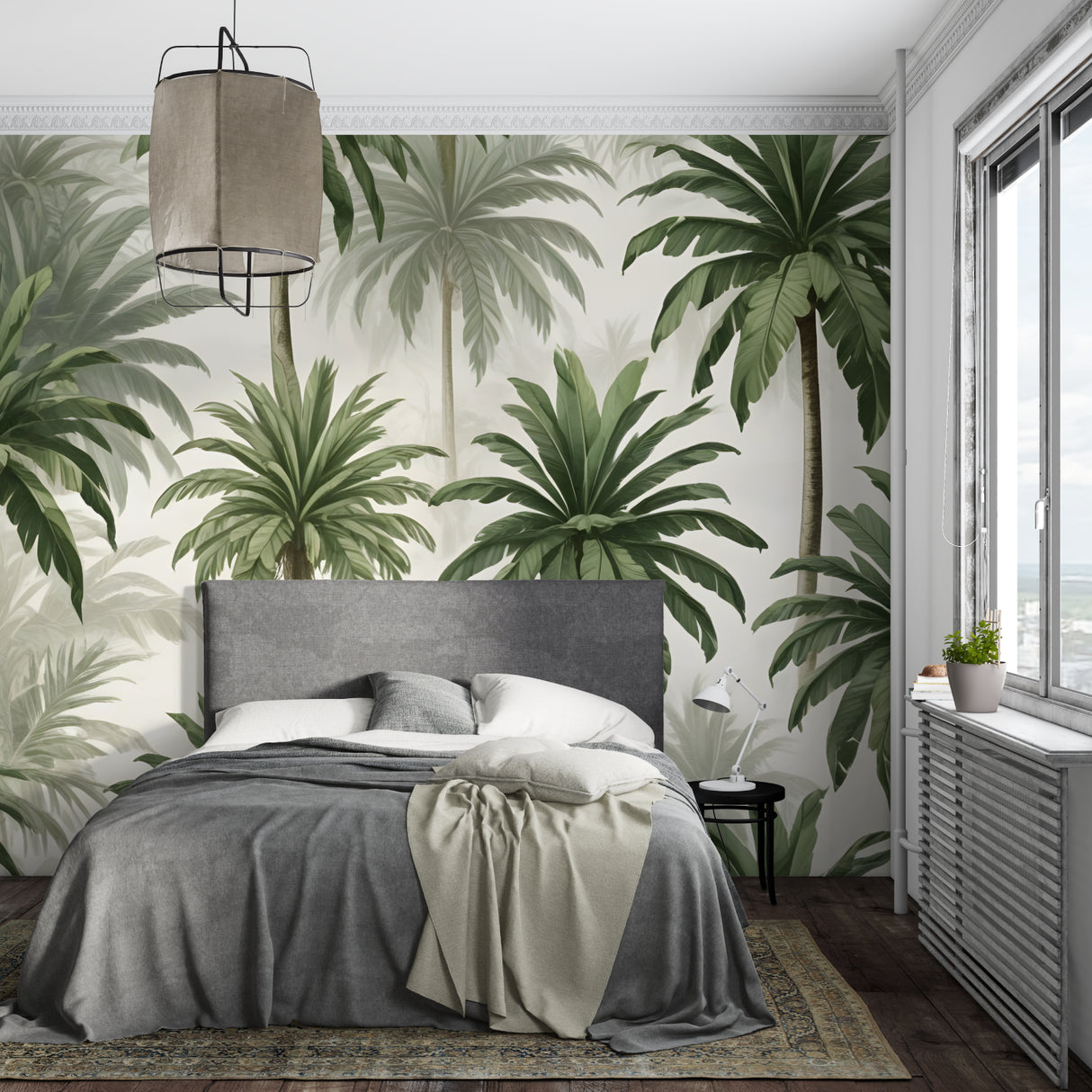Palm tree wall mural bringing resort vibes to a master bedroom with minimal furniture