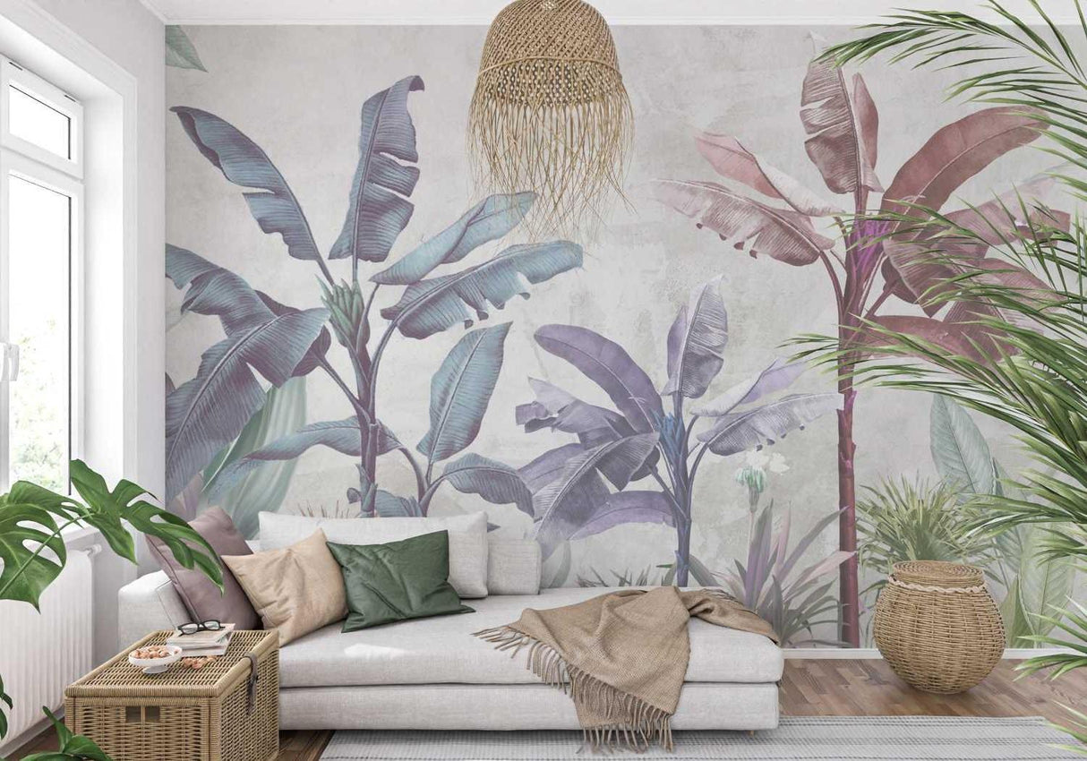 Tropical leaves wallpaper in a bright modern bedroom, showing pastel banana leaf pattern creating a serene atmosphere