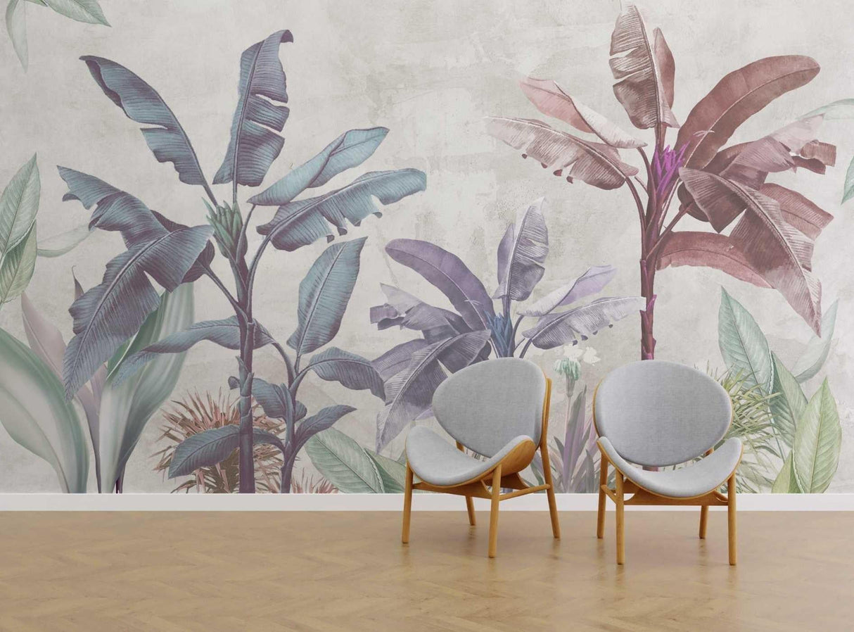 Pastel banana leaf mural in a minimalist living room, demonstrating the soft botanical pattern's versatility