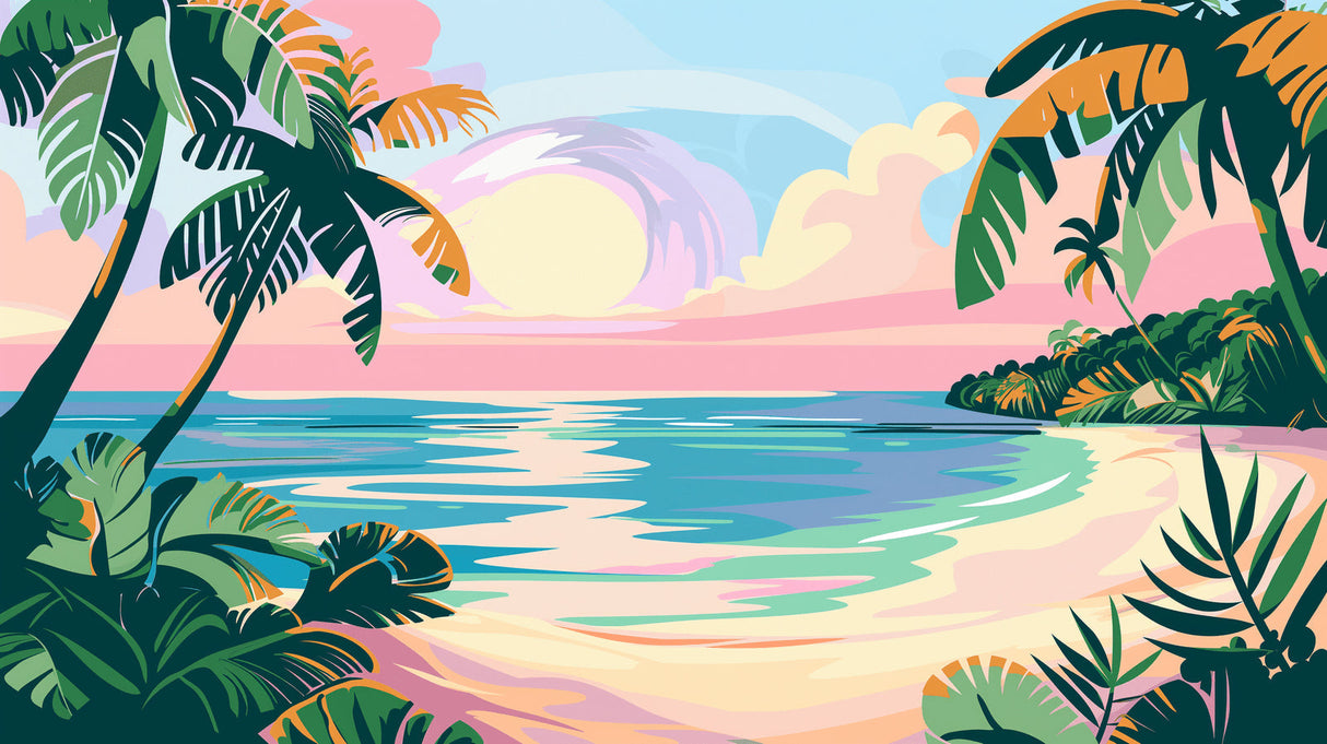 Tropical beach wallpaper in modern living room showing soft pastel colors and palm trees