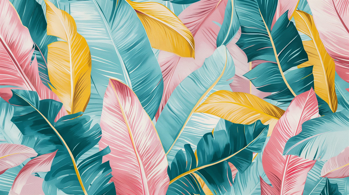 Tropical feather wallpaper in soft pastels creating a serene atmosphere in a modern living room with natural light