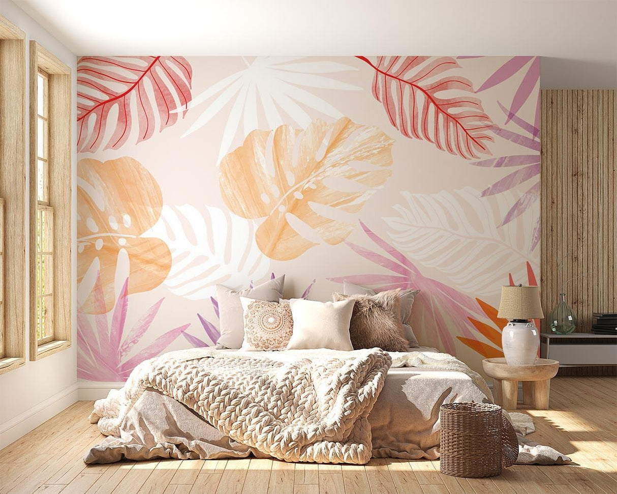 Tropical leaf wallpaper creating a serene atmosphere in a modern living room with natural light