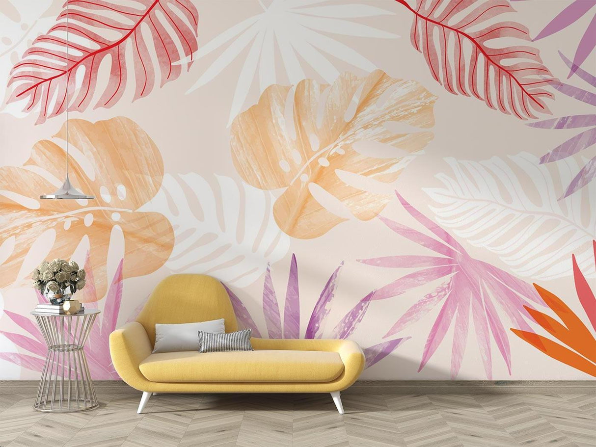 Pastel monstera wallpaper bringing warmth to a cozy bedroom setting