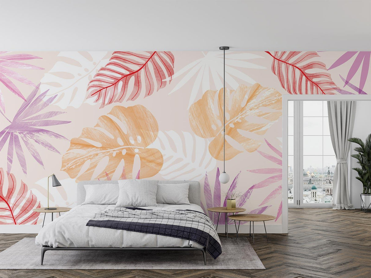 Botanical wall mural showcased in a bright home office space