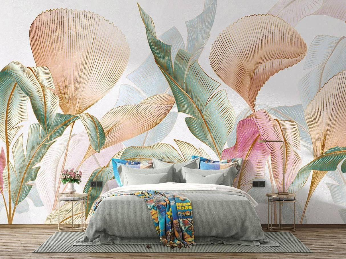 Tropical palm leaves wallpaper with gold accents creating a peaceful atmosphere in a modern living room