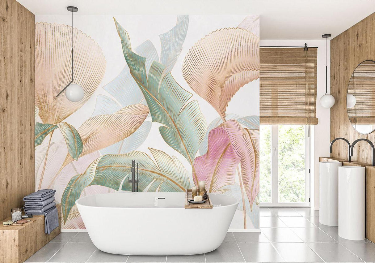 Botanical wall mural with palm leaves adding style to a dining room