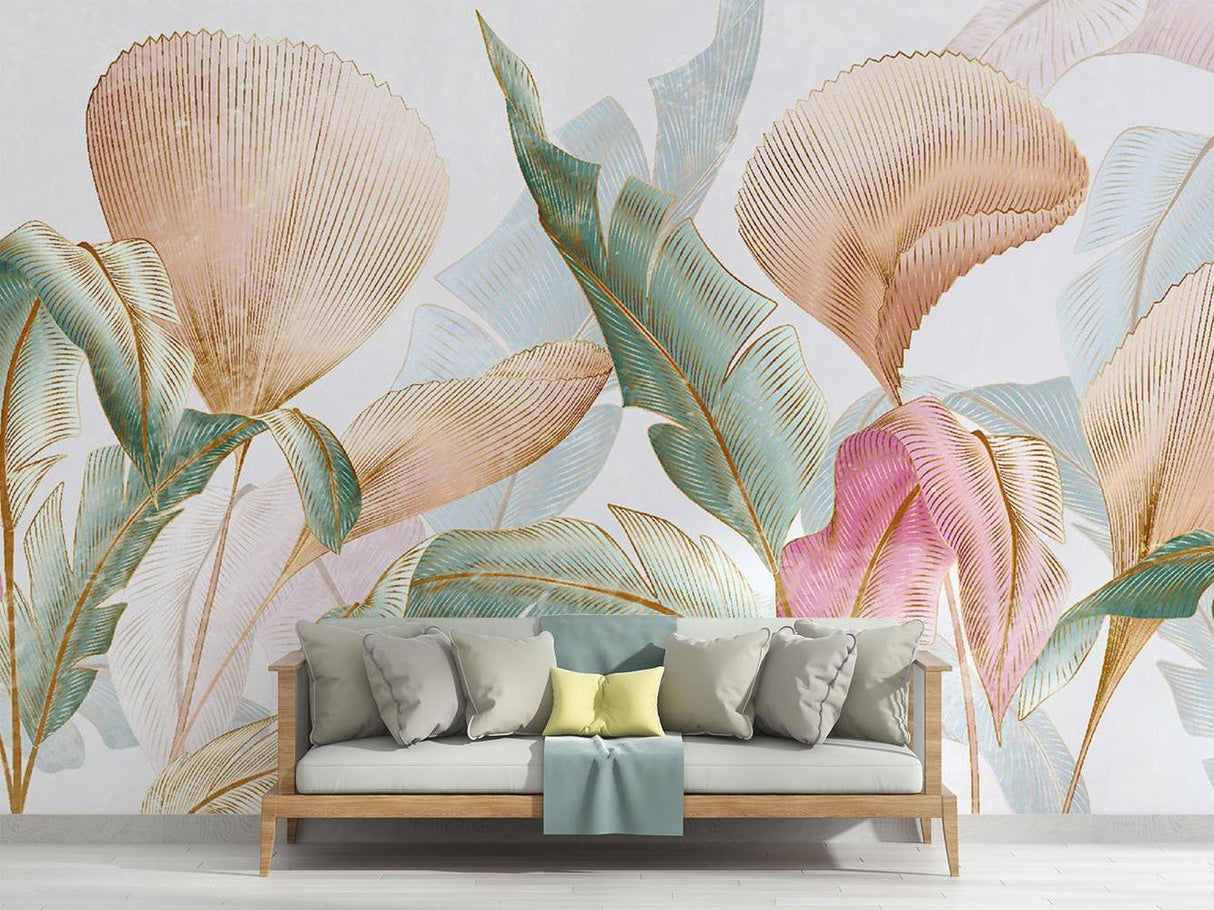 Palm leaves mural creating an elegant backdrop in a hotel lobby