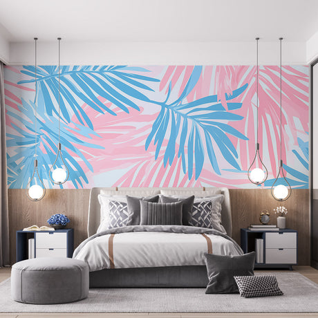 Tropical palm leaf wallpaper with pink and blue fronds creating a peaceful atmosphere in a modern living room