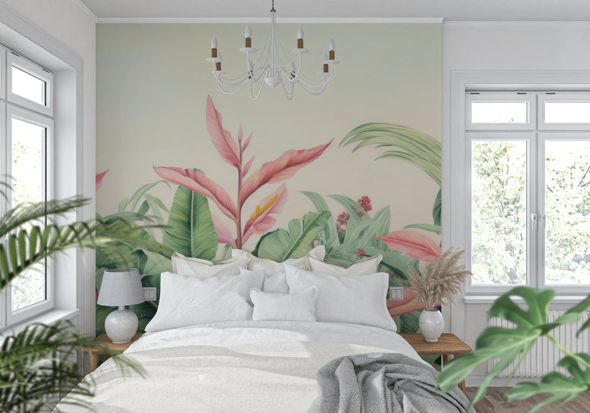 Tropical botanical wallpaper with pink flowers in modern living room setting showing scale and color harmony