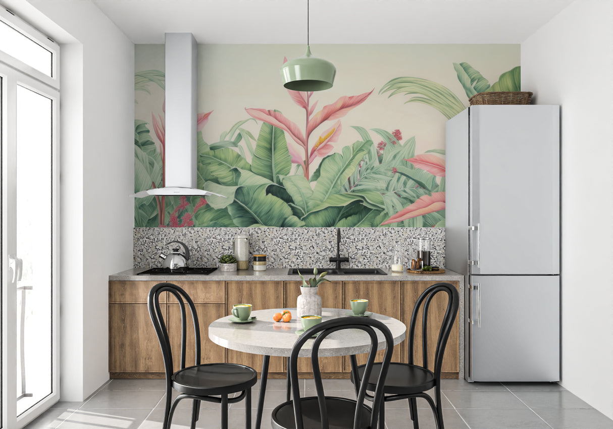 Pink and green tropical wallpaper creating calm atmosphere in master bedroom