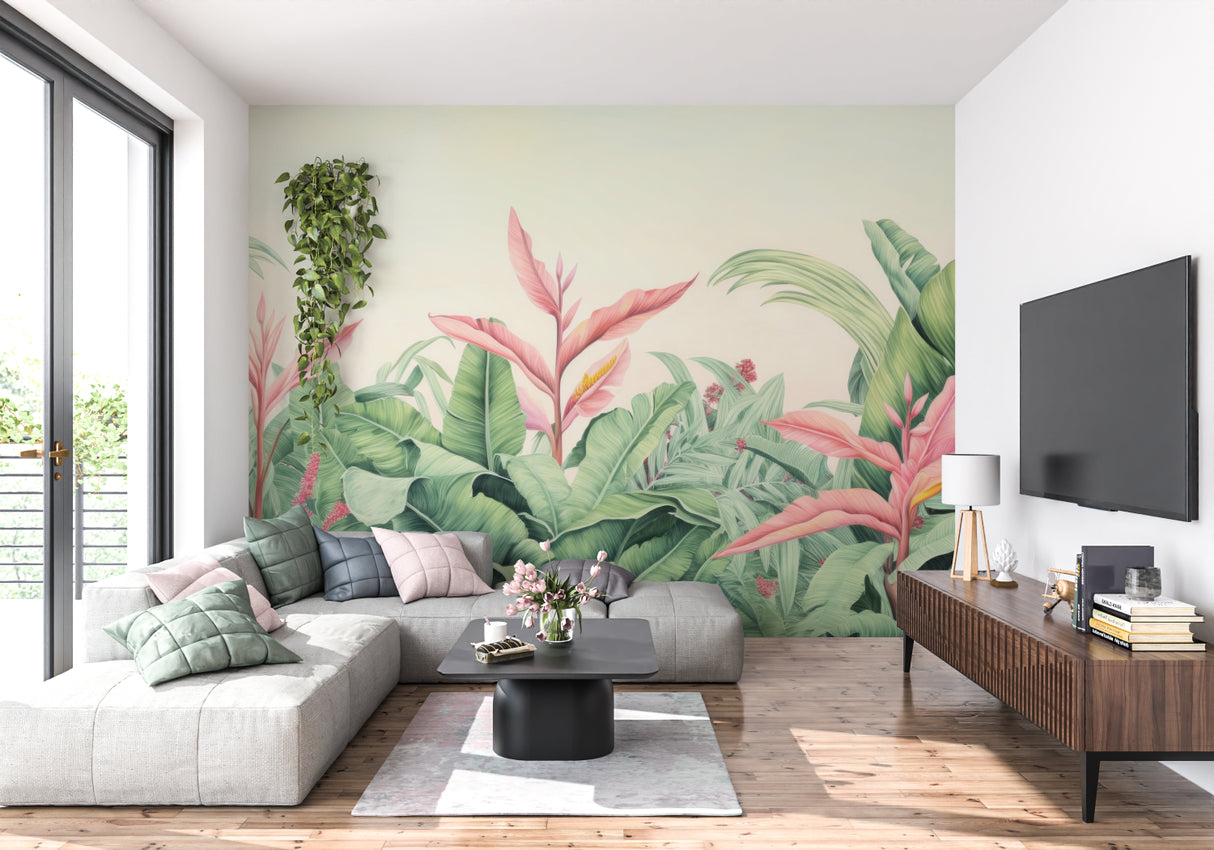 Botanical paradise wallpaper brightening home office space with natural light