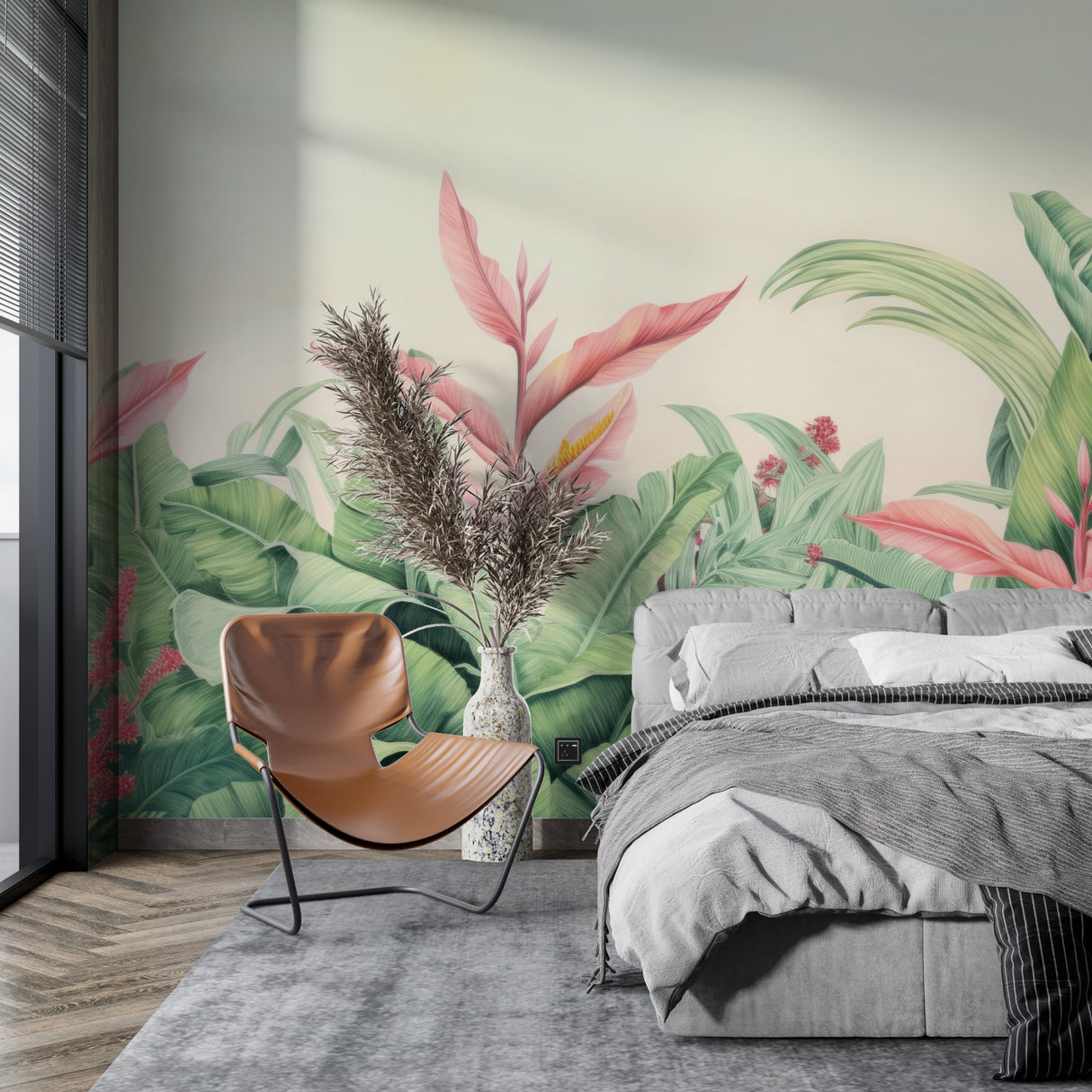 Tropical floral wallpaper adding fresh feel to dining room accent wall