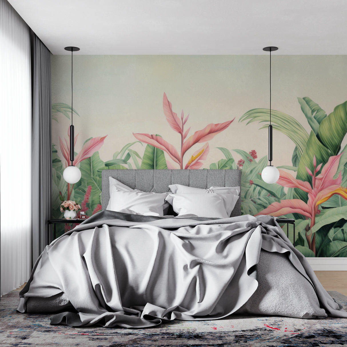 Pink botanical wallpaper transforming powder room into tropical oasis