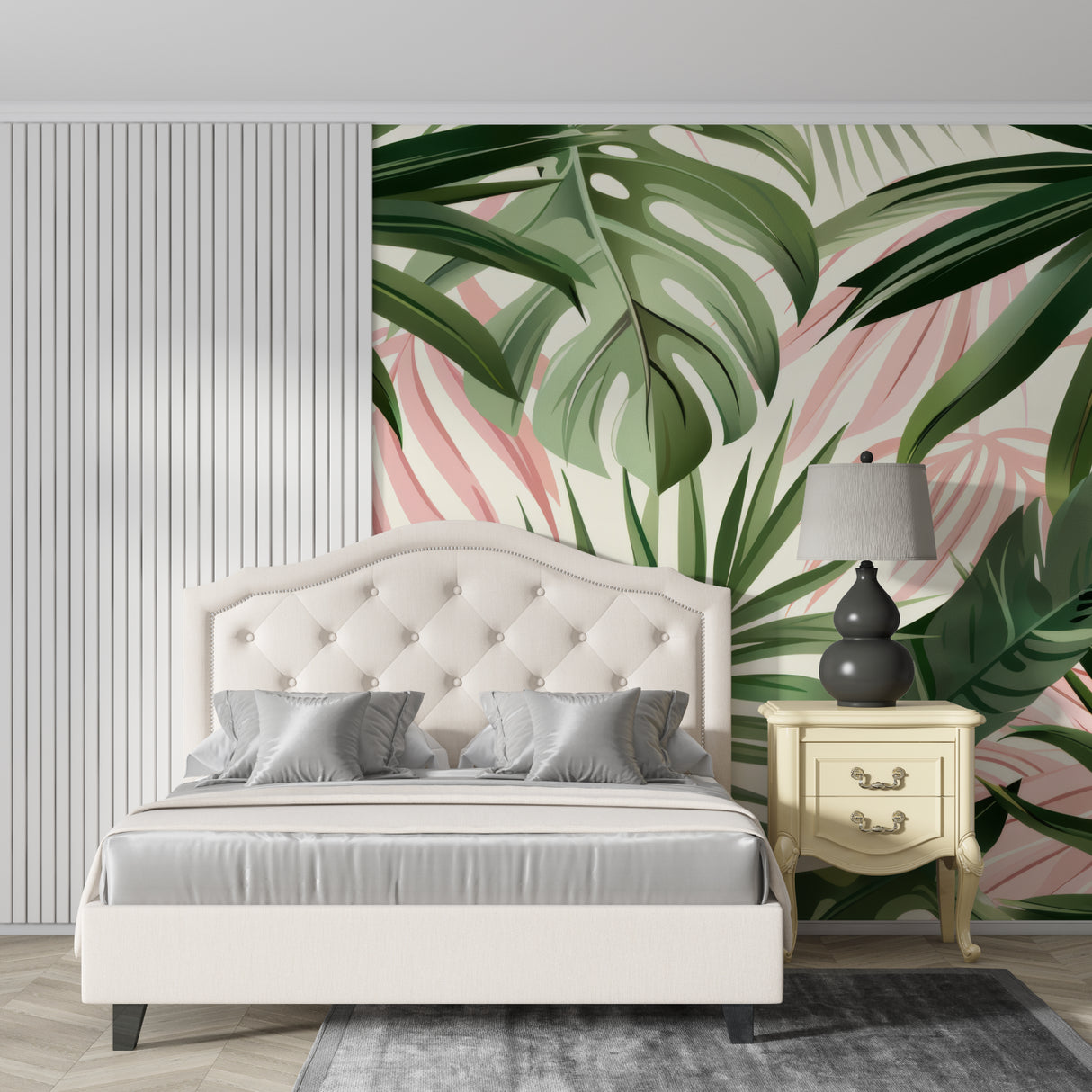 Tropical leaf wallpaper with pink and green monstera leaves in modern living room setting