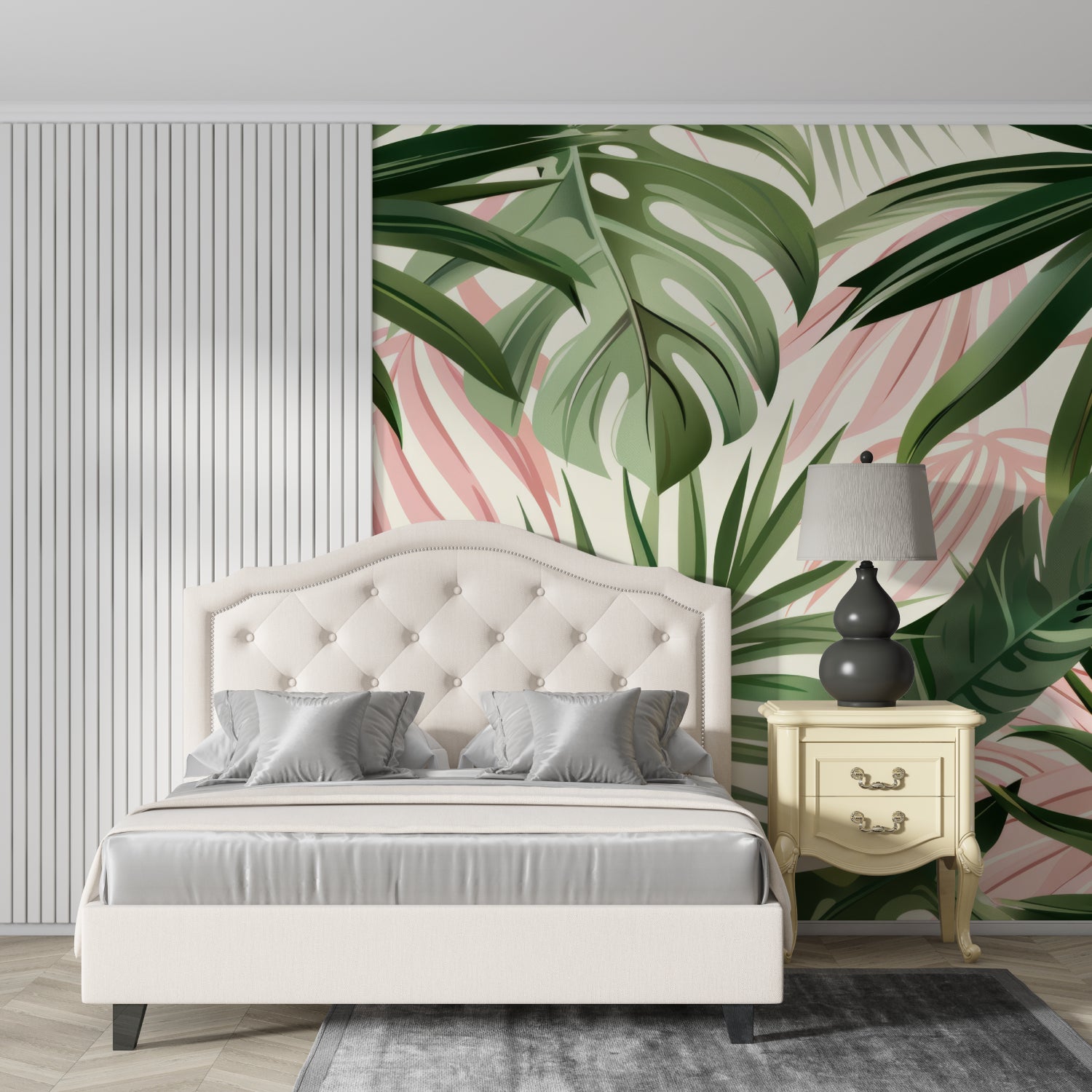 Tropical leaf wallpaper with pink and green monstera leaves in modern living room setting