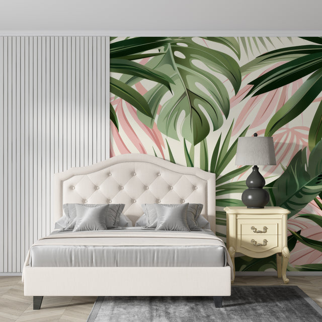 Tropical leaf wallpaper with pink and green monstera leaves in modern living room setting