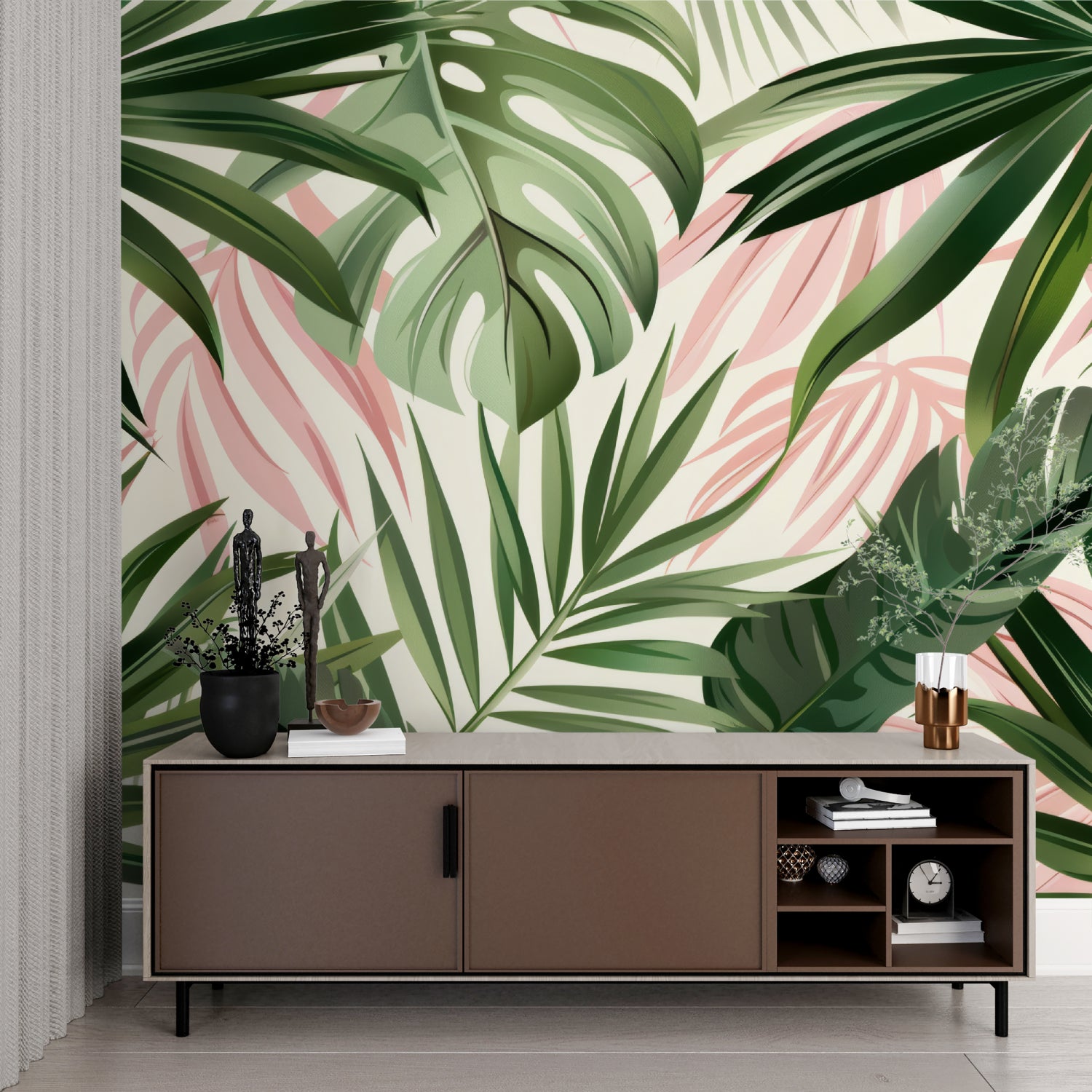 Monstera leaf wall mural creating focal point in bright bedroom