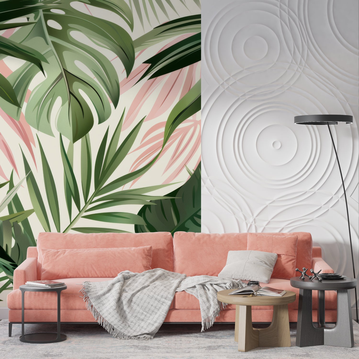 Pink and green tropical wallpaper in home office space