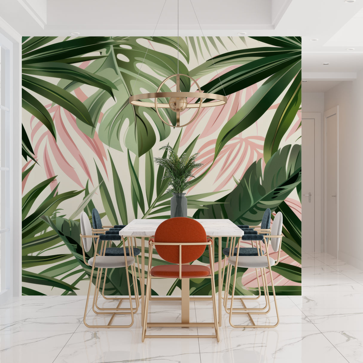 Botanical wall mural bringing nature into dining room