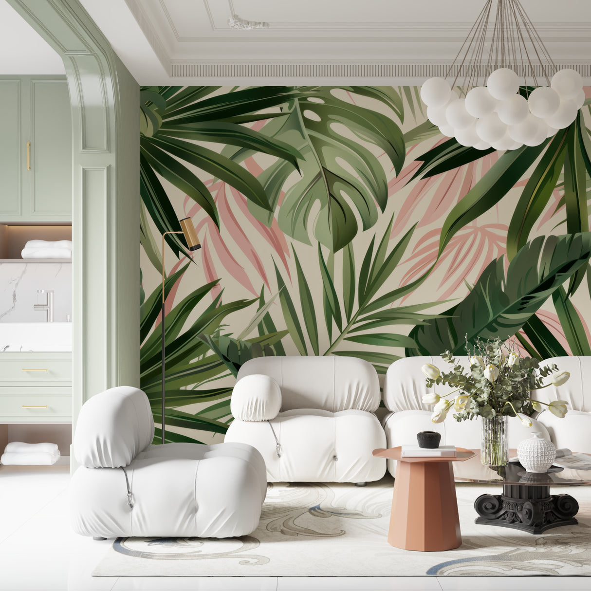 Monstera leaf pattern enhancing modern hallway design