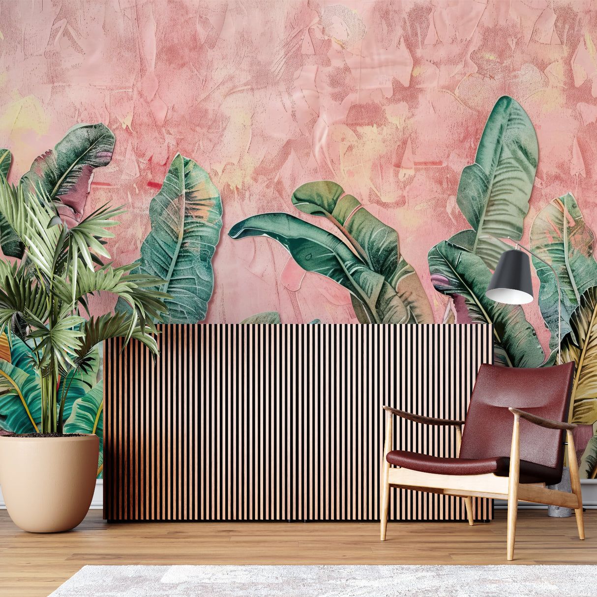 Tropical leaf wallpaper creating a peaceful atmosphere in modern living room with pink and green palm design