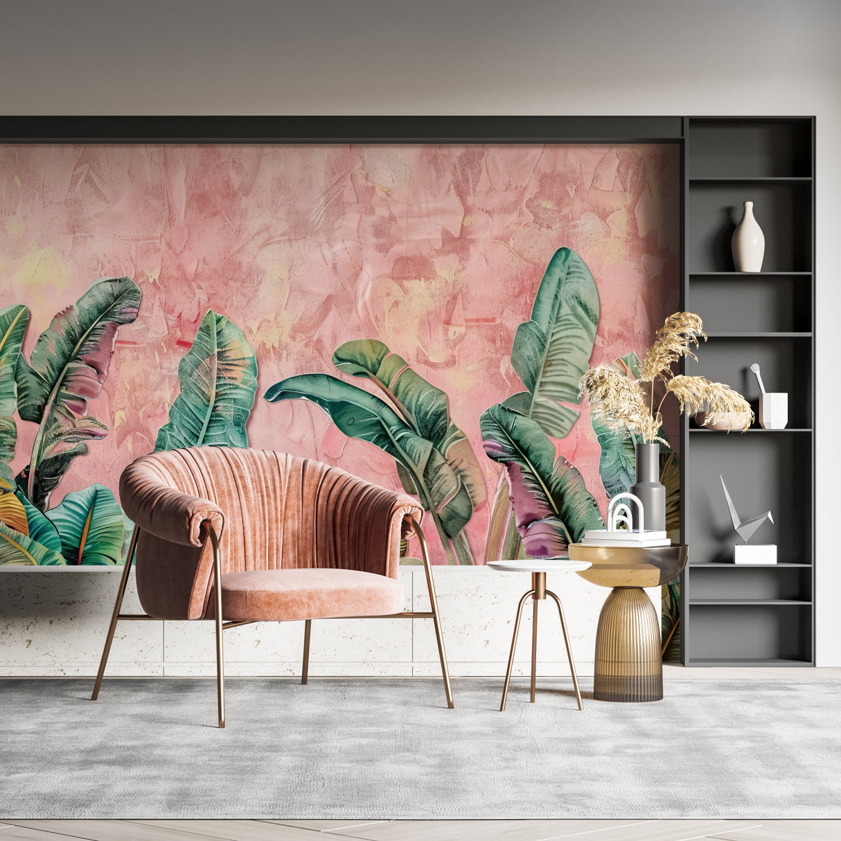 Pink and green palm leaves mural bringing summer vibes to master bedroom