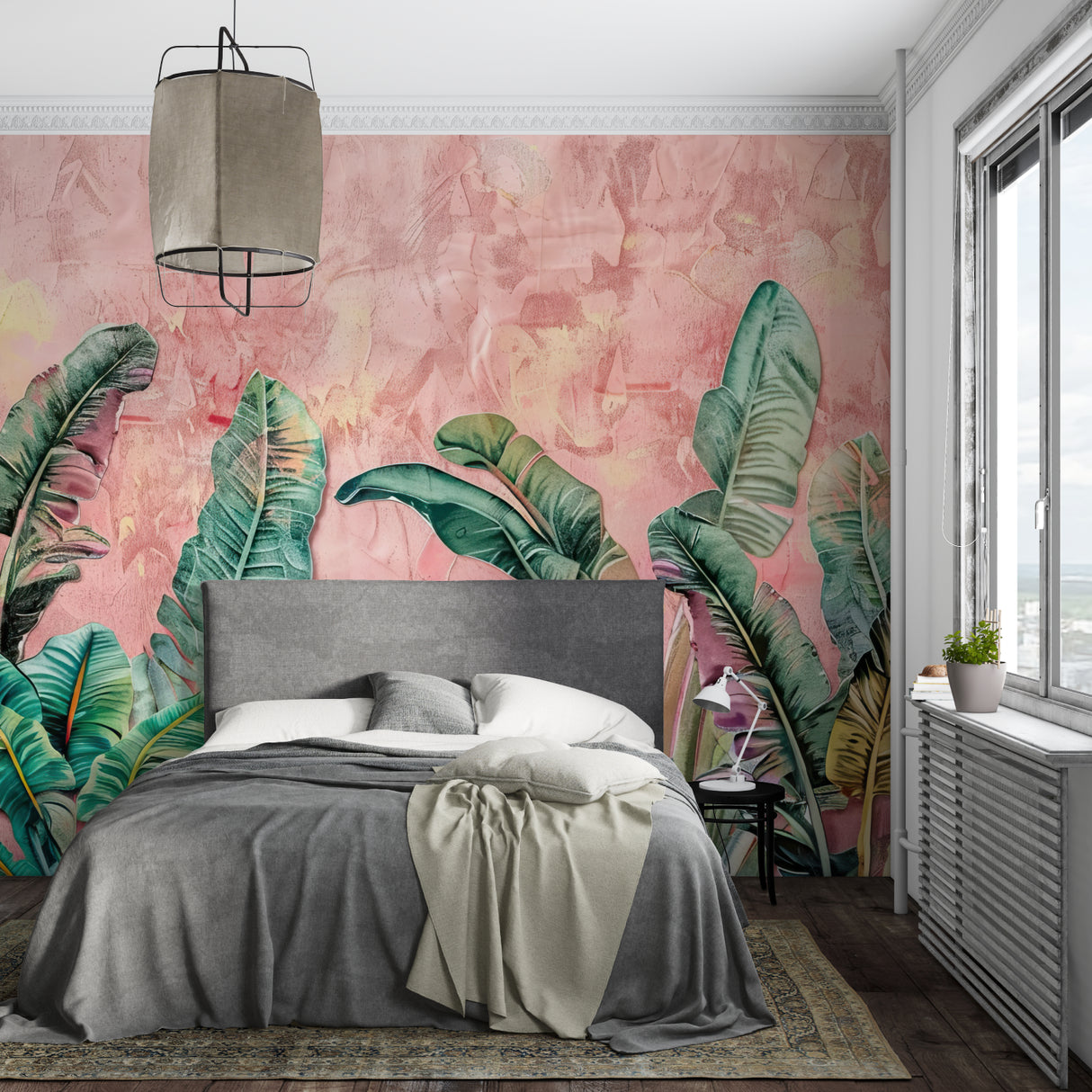 Palm leaf wallpaper making statement in modern dining room with pink accents