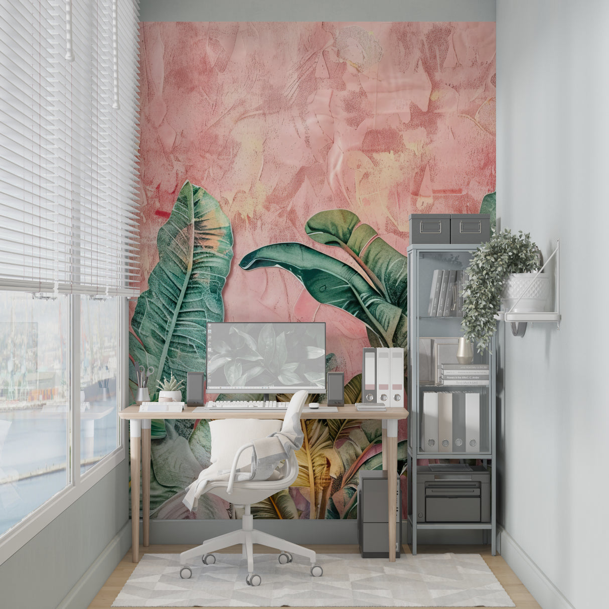 Tropical wallpaper installation in contemporary hallway showing scale of design