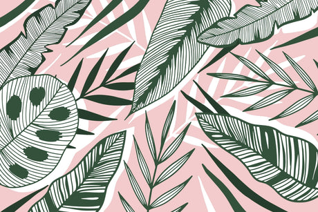 Design file showing detailed palm leaf pattern with pink background and green tropical leaves