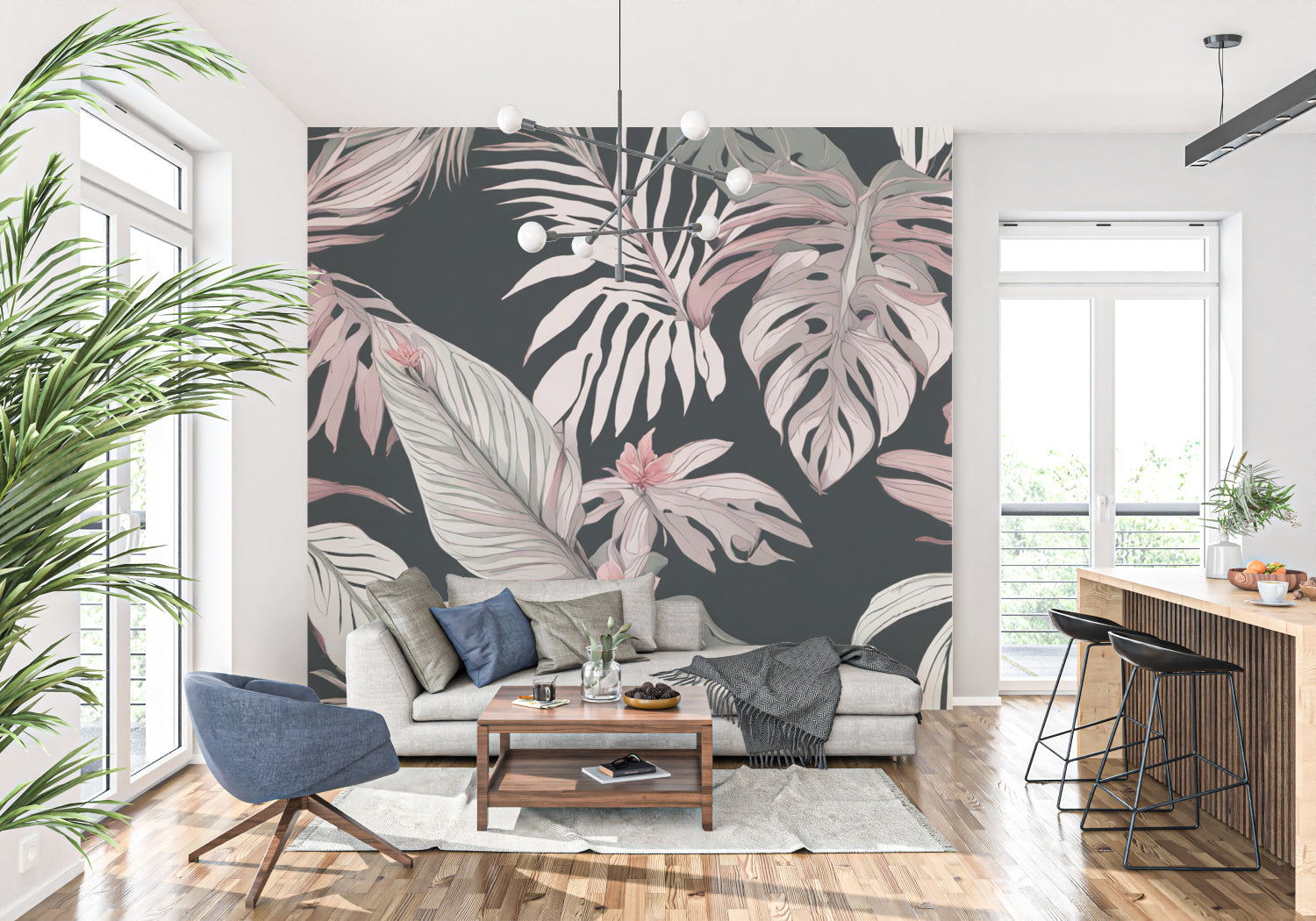 Pink and grey Monstera leaf wallpaper in a modern living room creating a calm, sophisticated atmosphere
