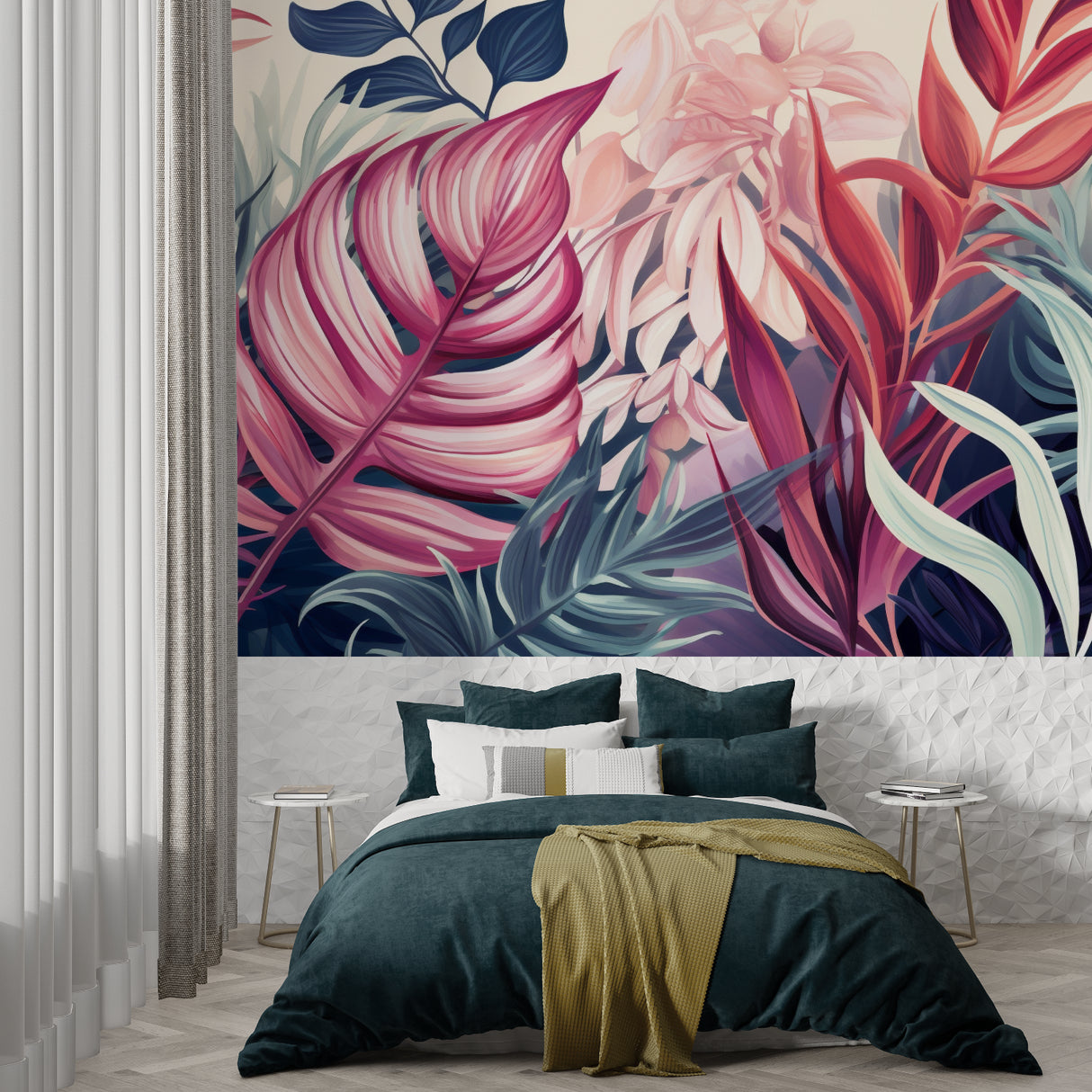 Pink and navy Monstera leaf wallpaper in modern living room with gray sofa and natural light