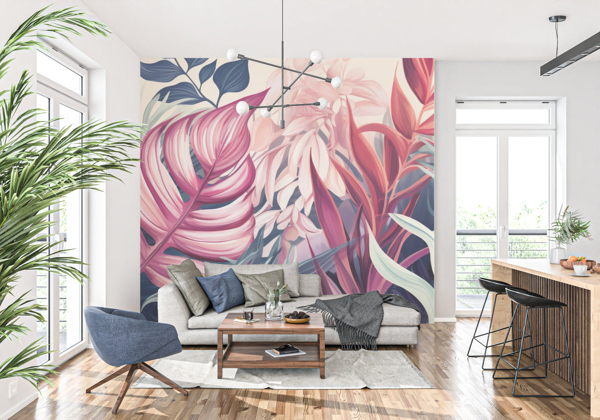 Tropical wall mural featuring pink Monstera leaves in contemporary bedroom setting