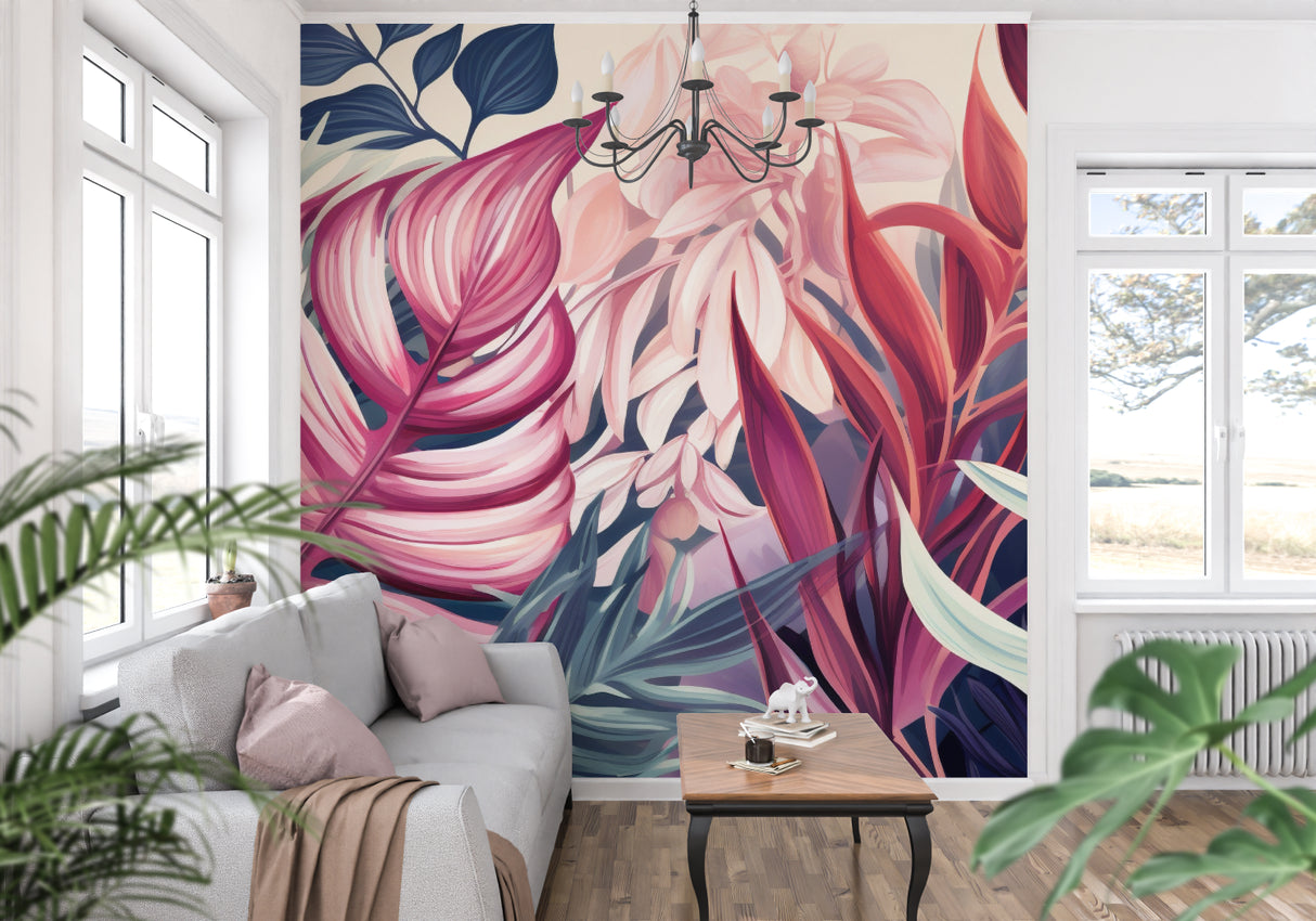 Navy and pink leaf pattern wallpaper in stylish home office with minimal furniture