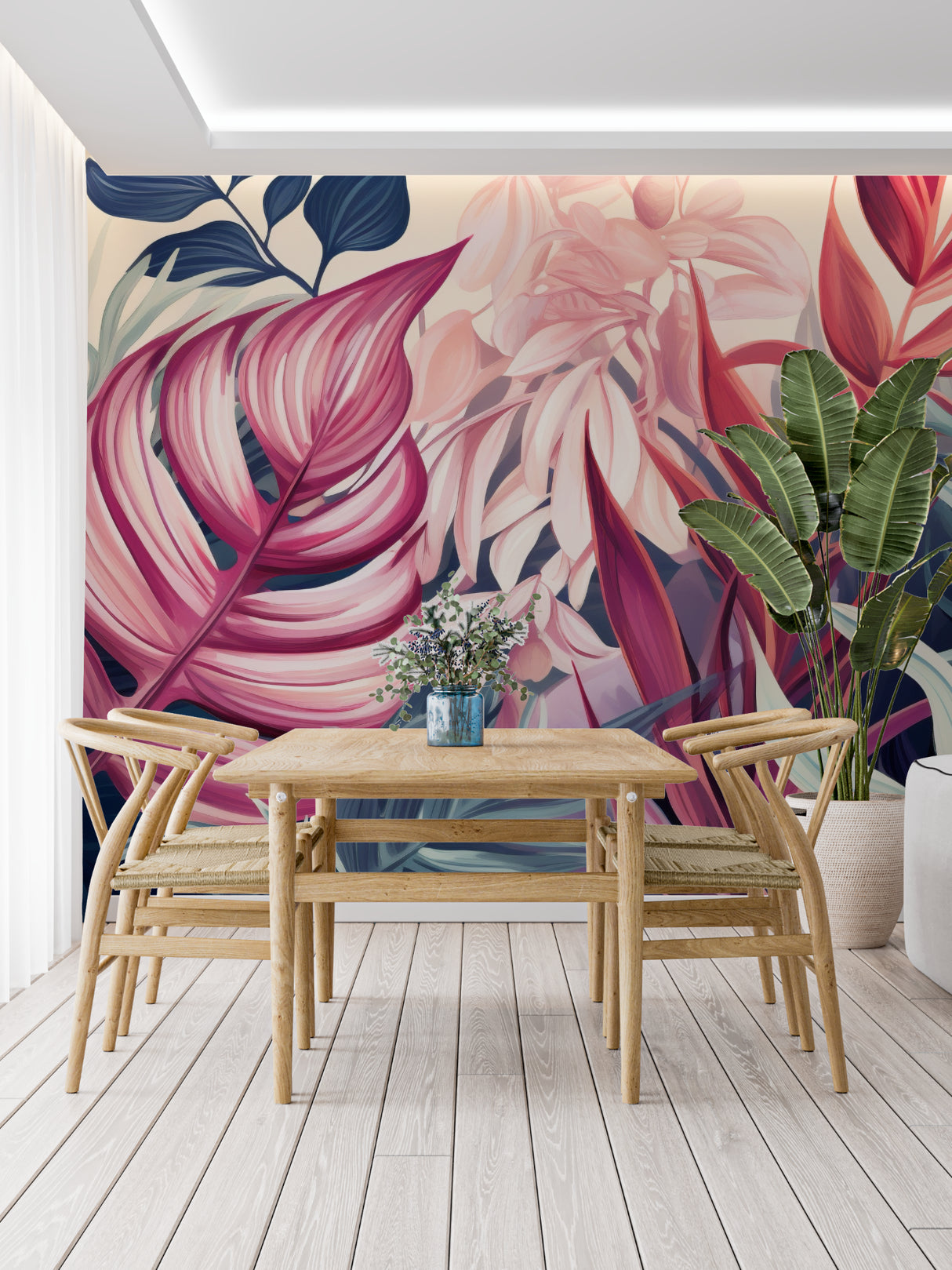 Botanical wall mural with pink Monstera leaves in dining room with modern decor