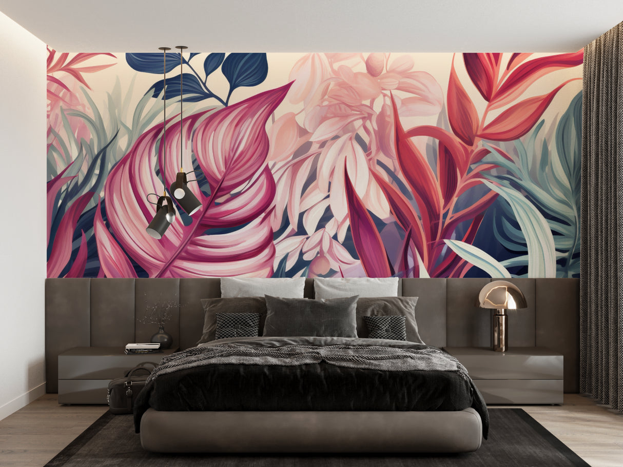 Tropical leaf wallpaper creating statement wall in luxury master bedroom