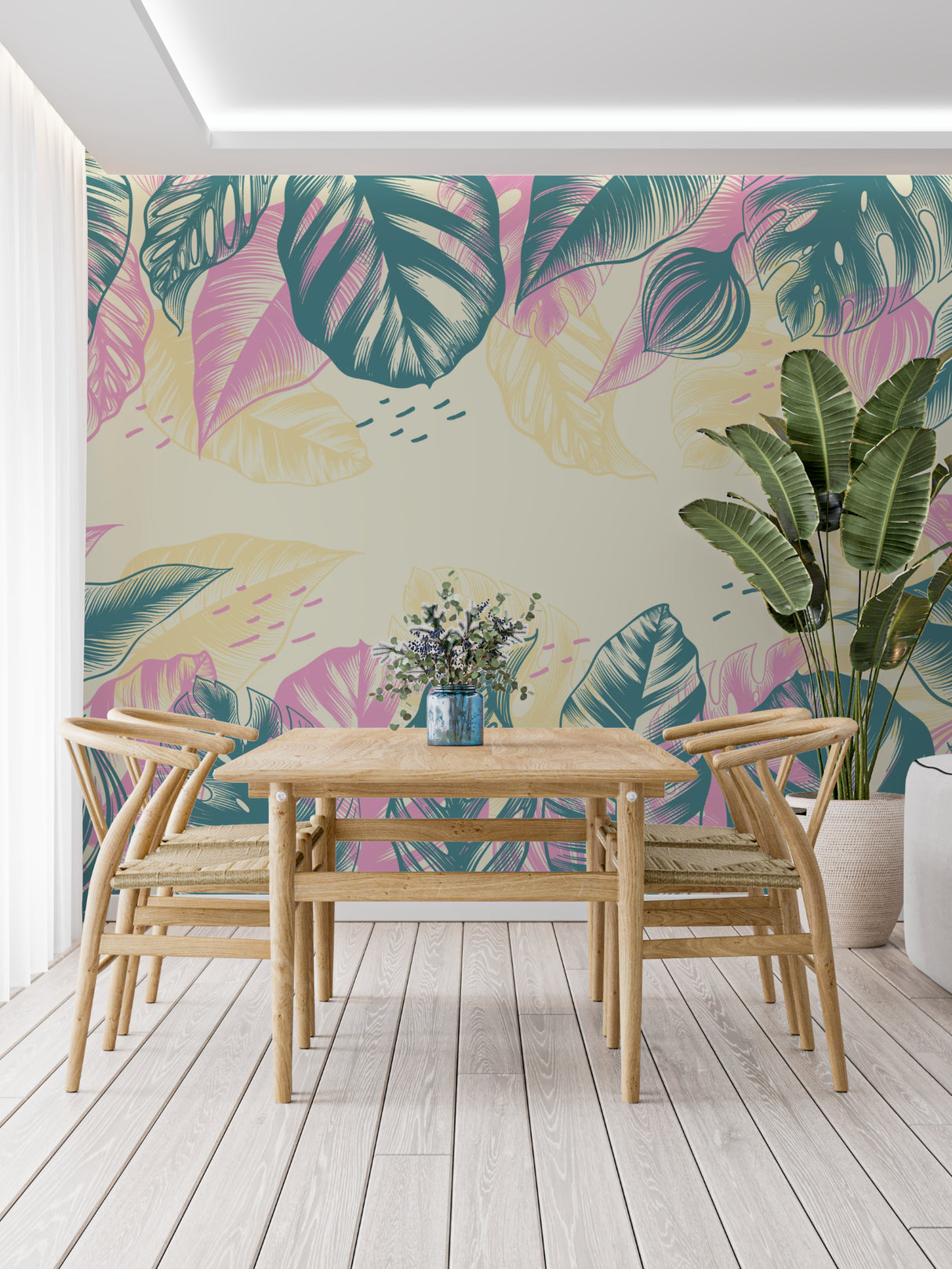 Tropical monstera leaf wallpaper in pink and teal creating a fresh vibe in a modern living room