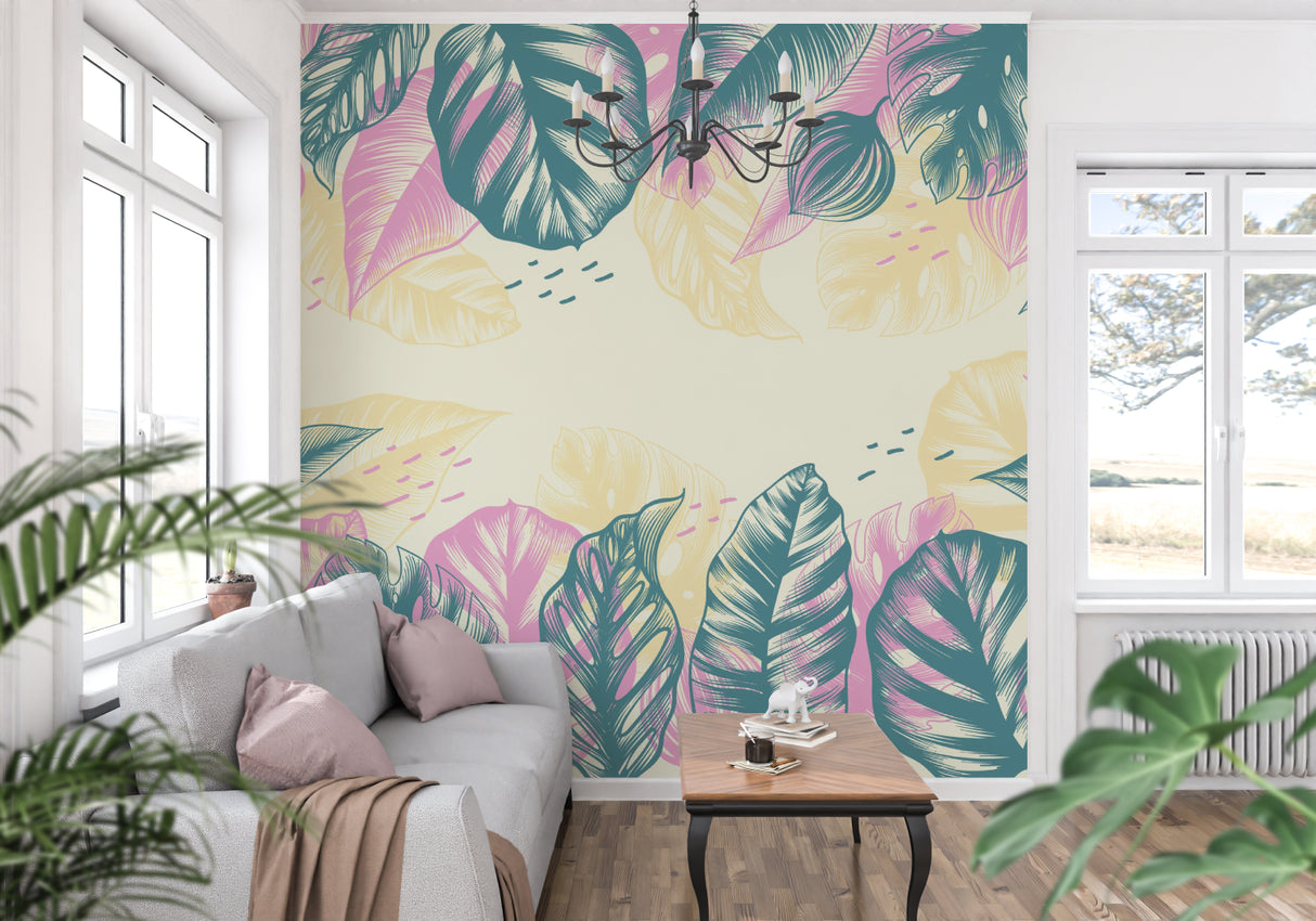 Pink and teal monstera wallpaper brightening up a dining room with natural light