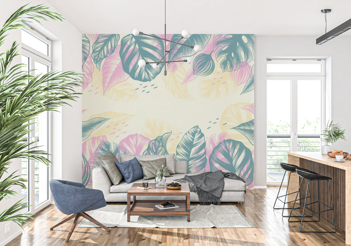 Botanical wall mural with pink monstera leaves adding style to a bedroom