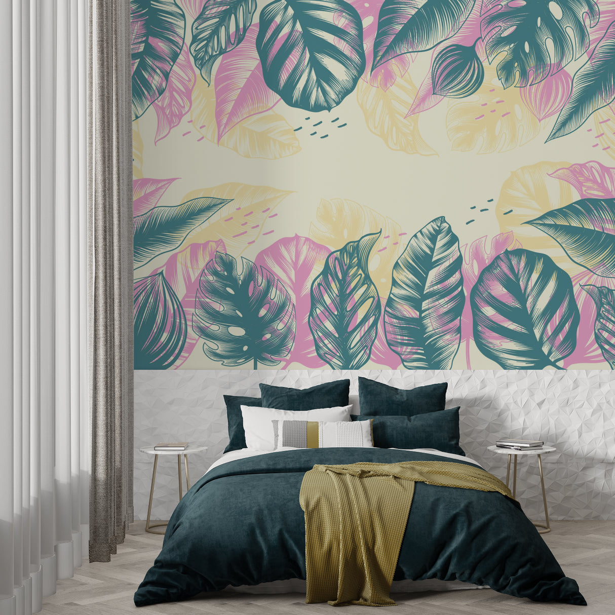 Tropical leaf wallpaper making a statement in a home office space
