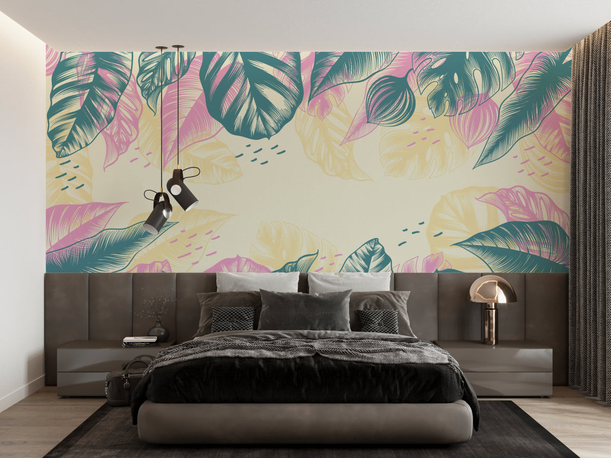 Pink monstera leaf pattern creating depth in a modern hallway