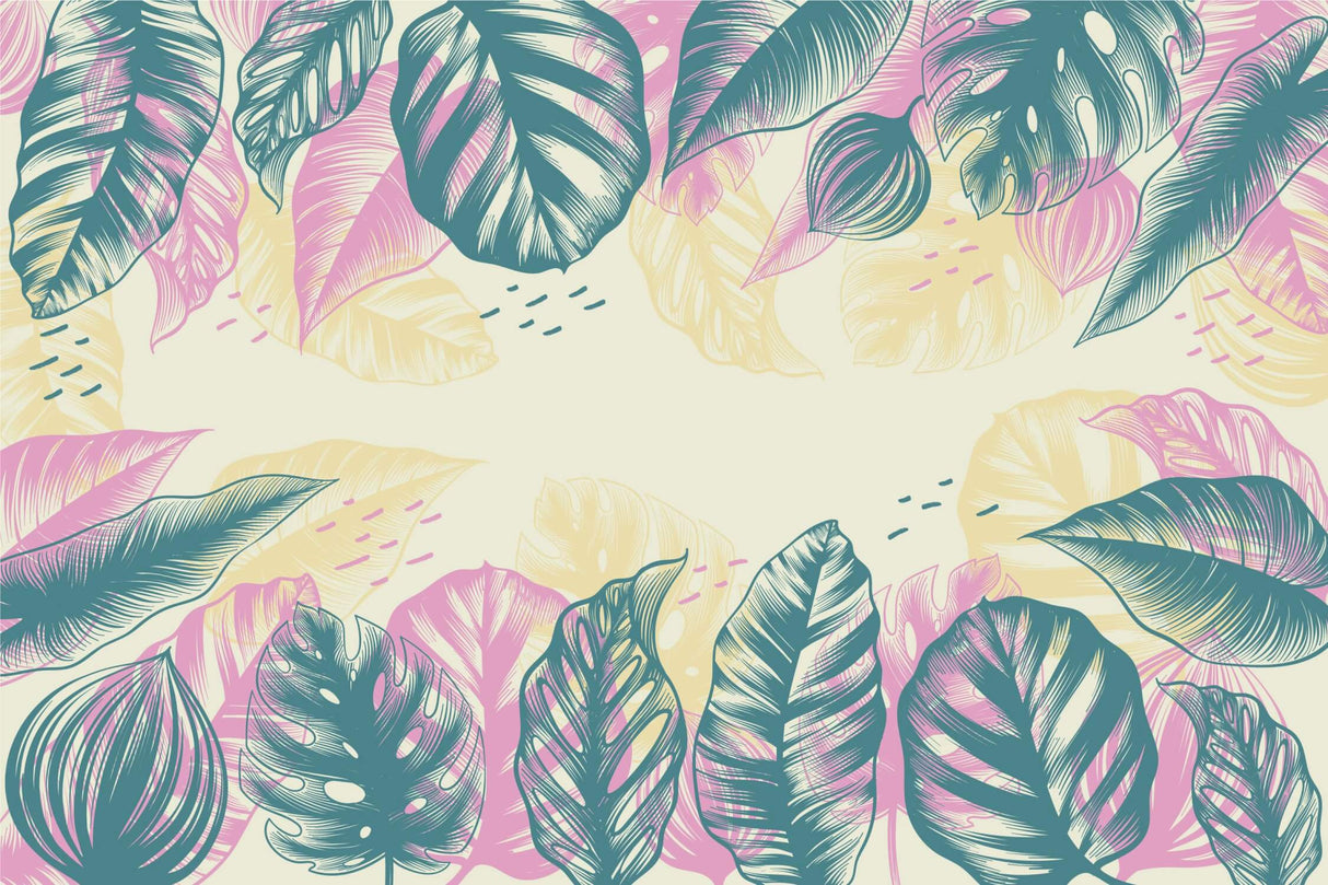 Design file showing detailed pink and teal monstera leaf pattern on cream background