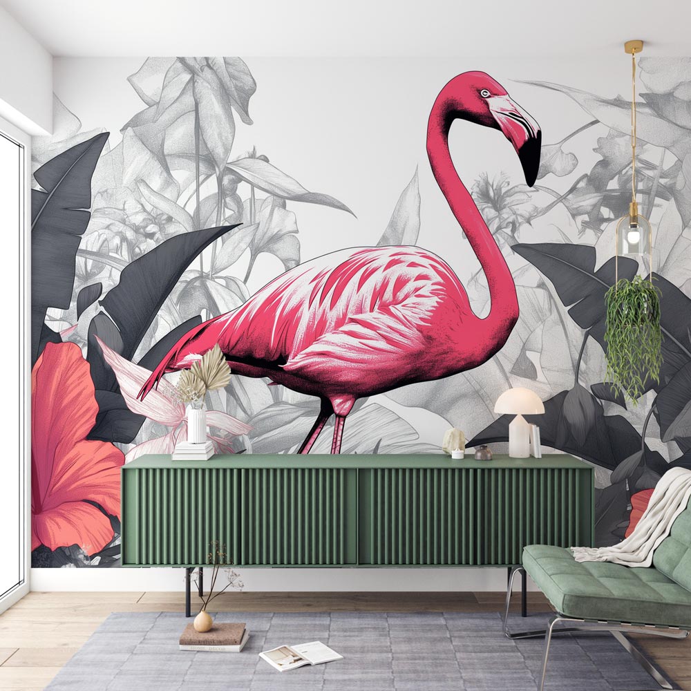 Pink Flamingo tropical wallpaper creates a stunning focal point in a modern gray dining room with minimal decor