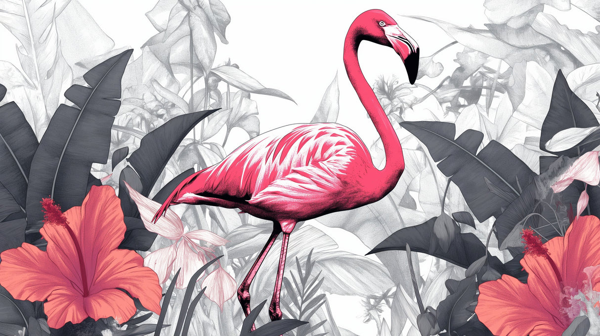 Pink Flamingo wallpaper design file showing detailed monochrome foliage pattern