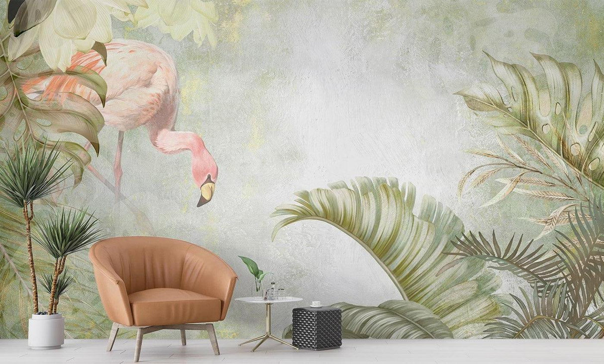 Tropical flamingo wallpaper creating a serene atmosphere in a modern living room