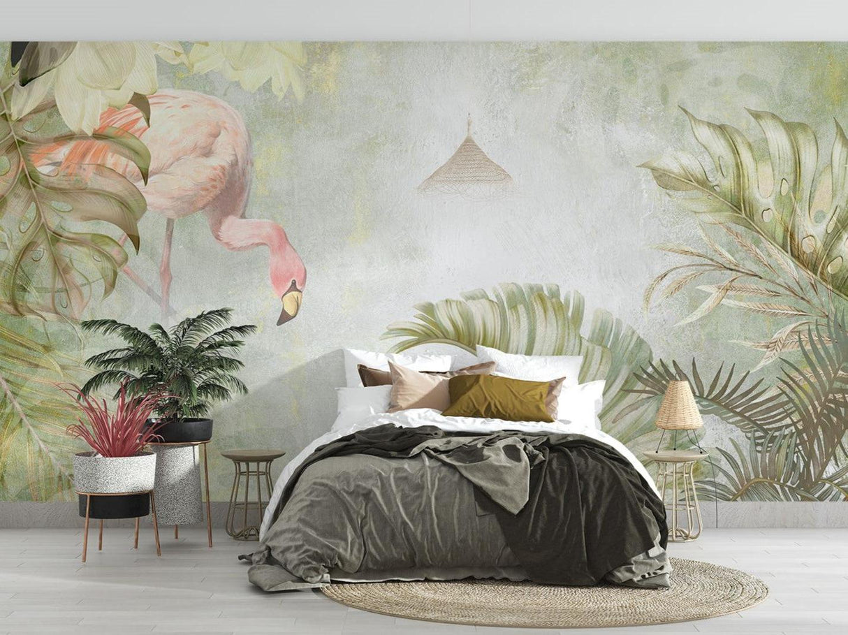Pink flamingo wall mural bringing elegance to a master bedroom