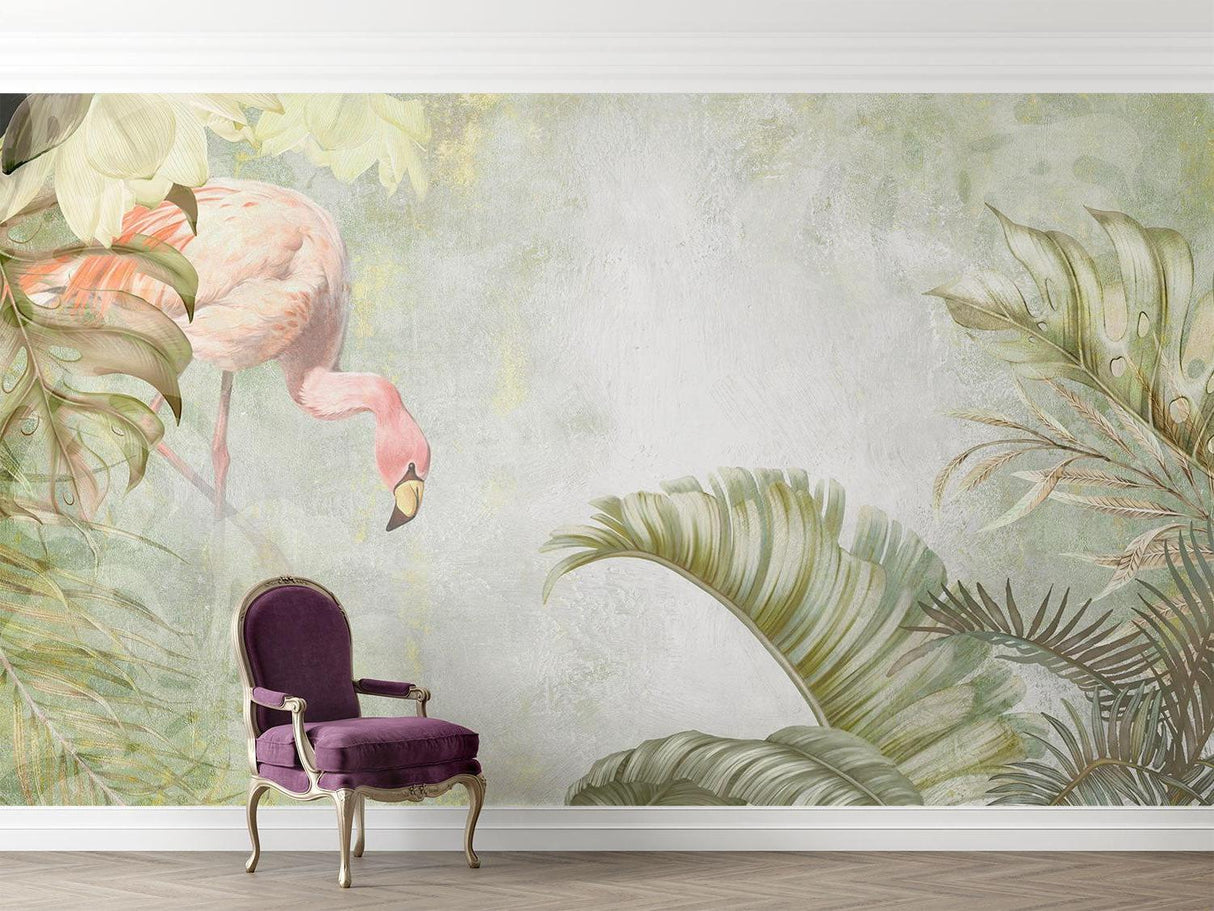 Tropical palm leaf wallpaper transforming a dining room space