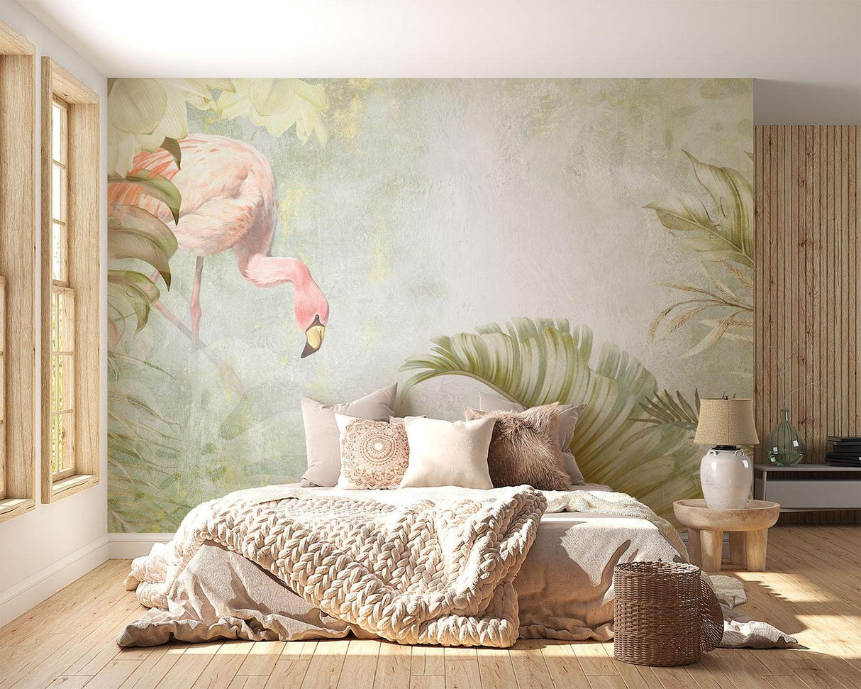 Flamingo mural wallpaper adding charm to a home office