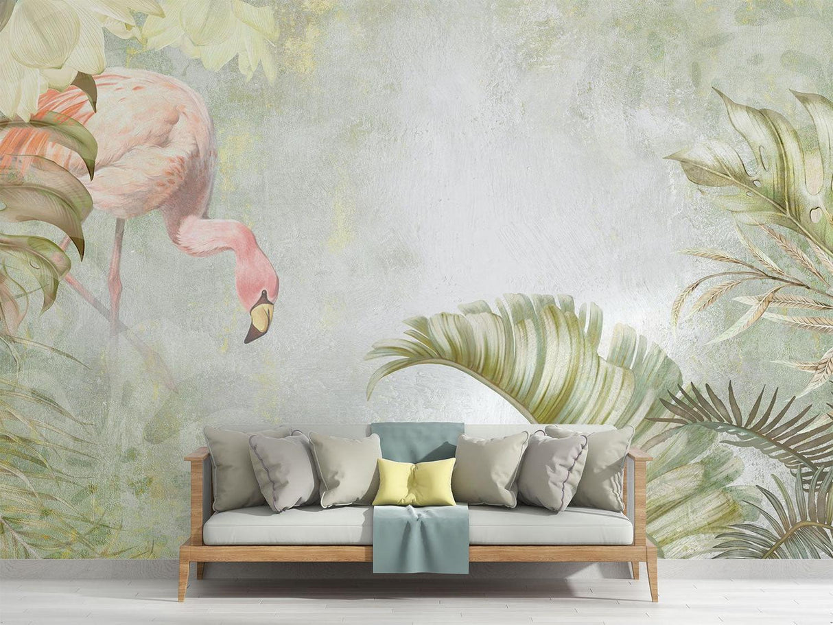 Pink tropical wallpaper creating a peaceful nursery environment